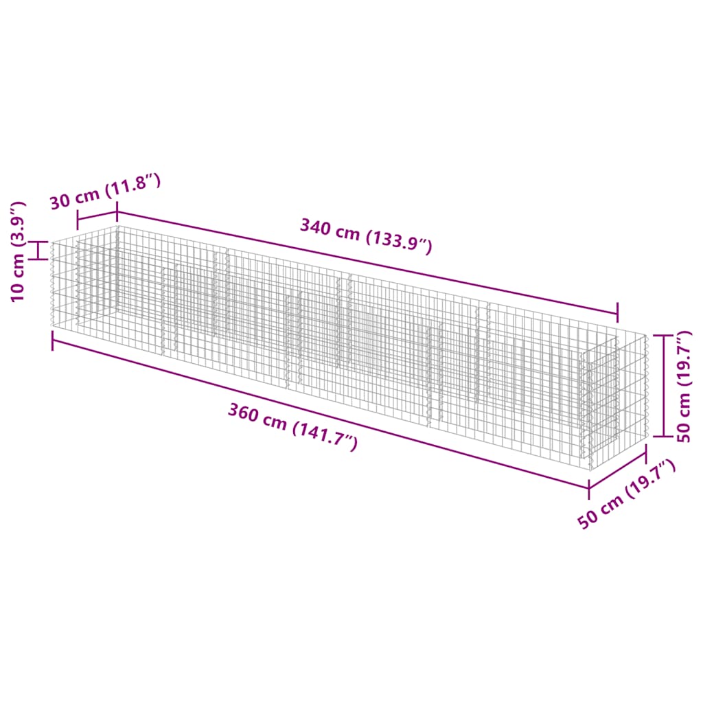 vidaXL Gabion Raised Bed Galvanised Steel 360x50x50 cm