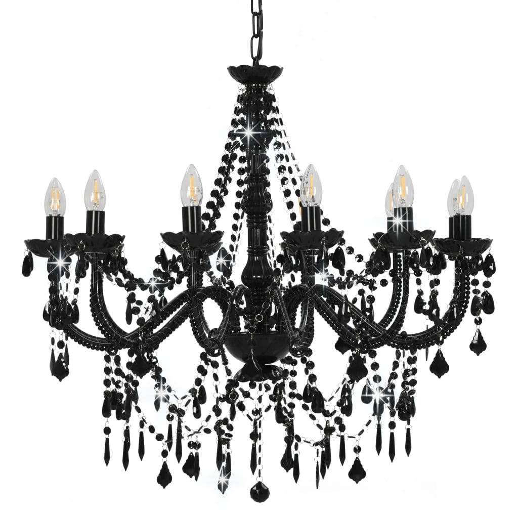vidaXL Chandelier with Beads Black 12 x E14 Bulbs