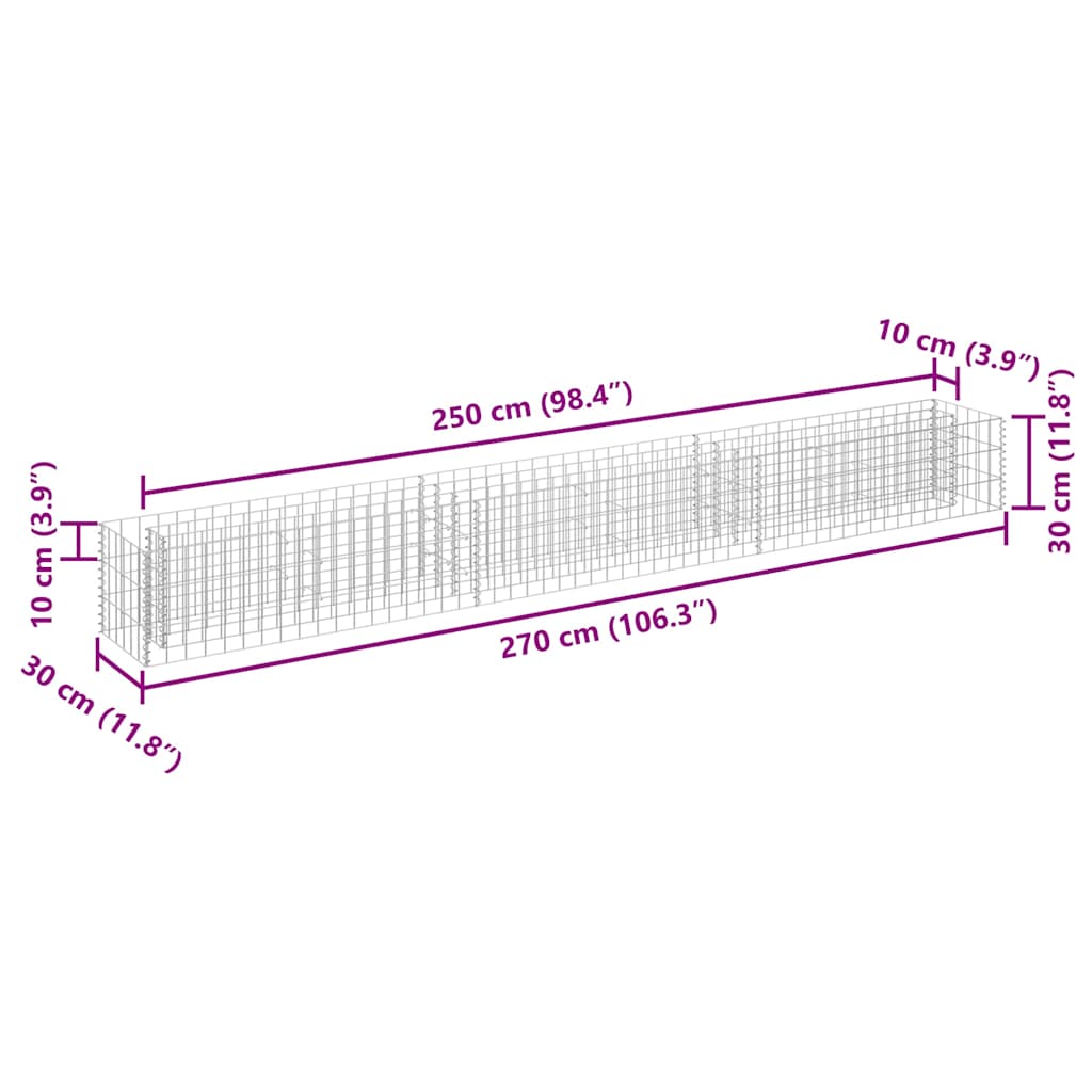 vidaXL Gabion Raised Bed Galvanised Steel 270x30x30 cm