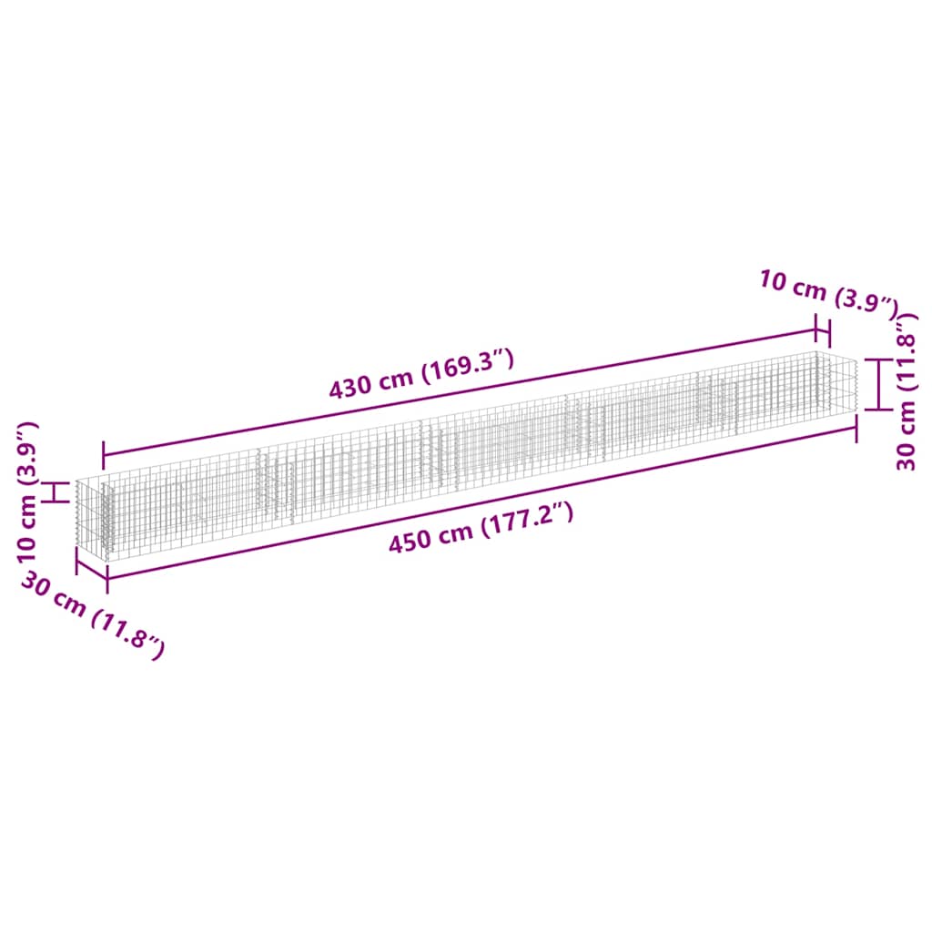 vidaXL Gabion Raised Bed Galvanised Steel 450x30x30 cm