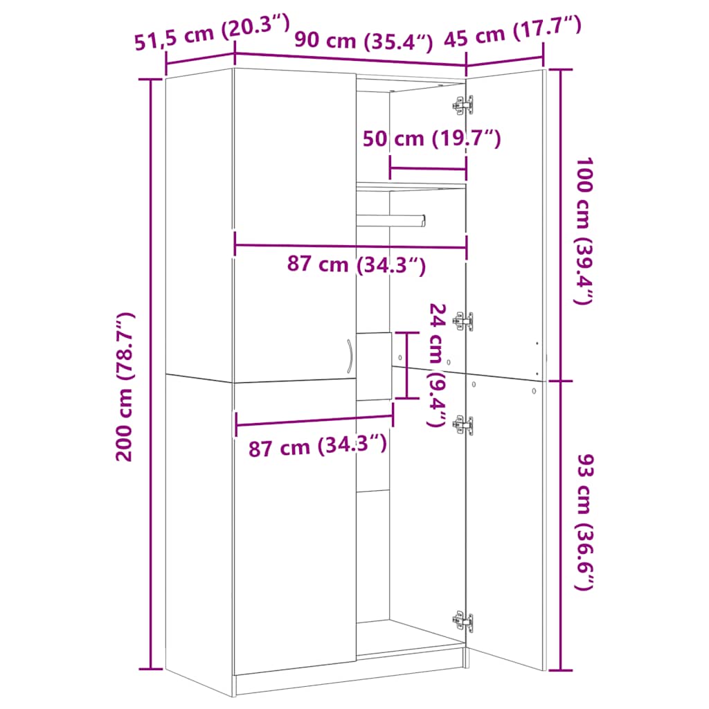 vidaXL Wardrobe Concrete Grey 90x52x200 cm Engineered Wood