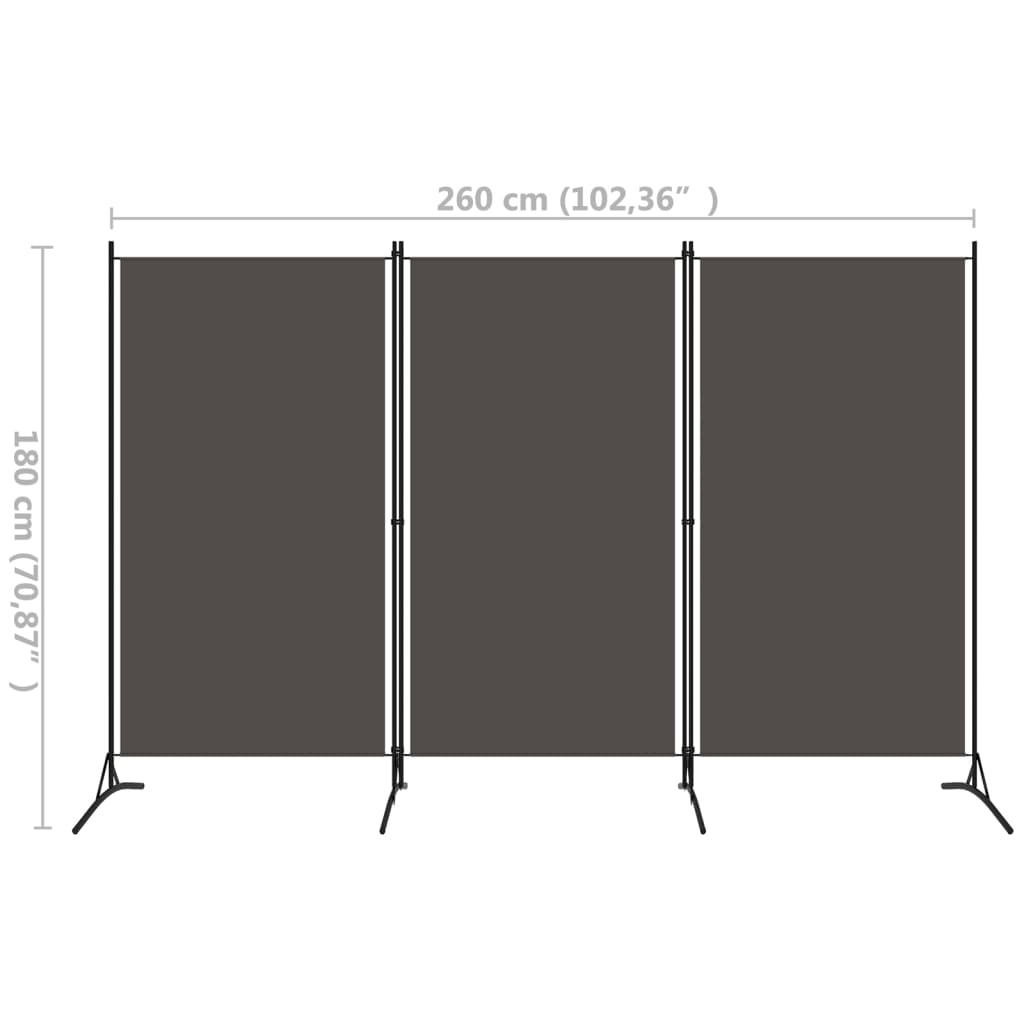 vidaXL 3-Panel Room Divider Anthracite 260x180 cm
