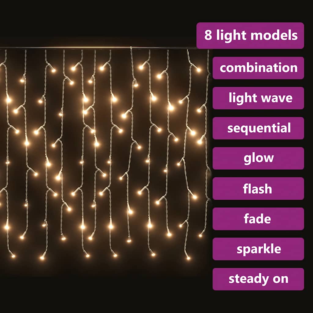 vidaXL LED Curtain Icicle Lights 10m 400 LED Warm White 8 Function