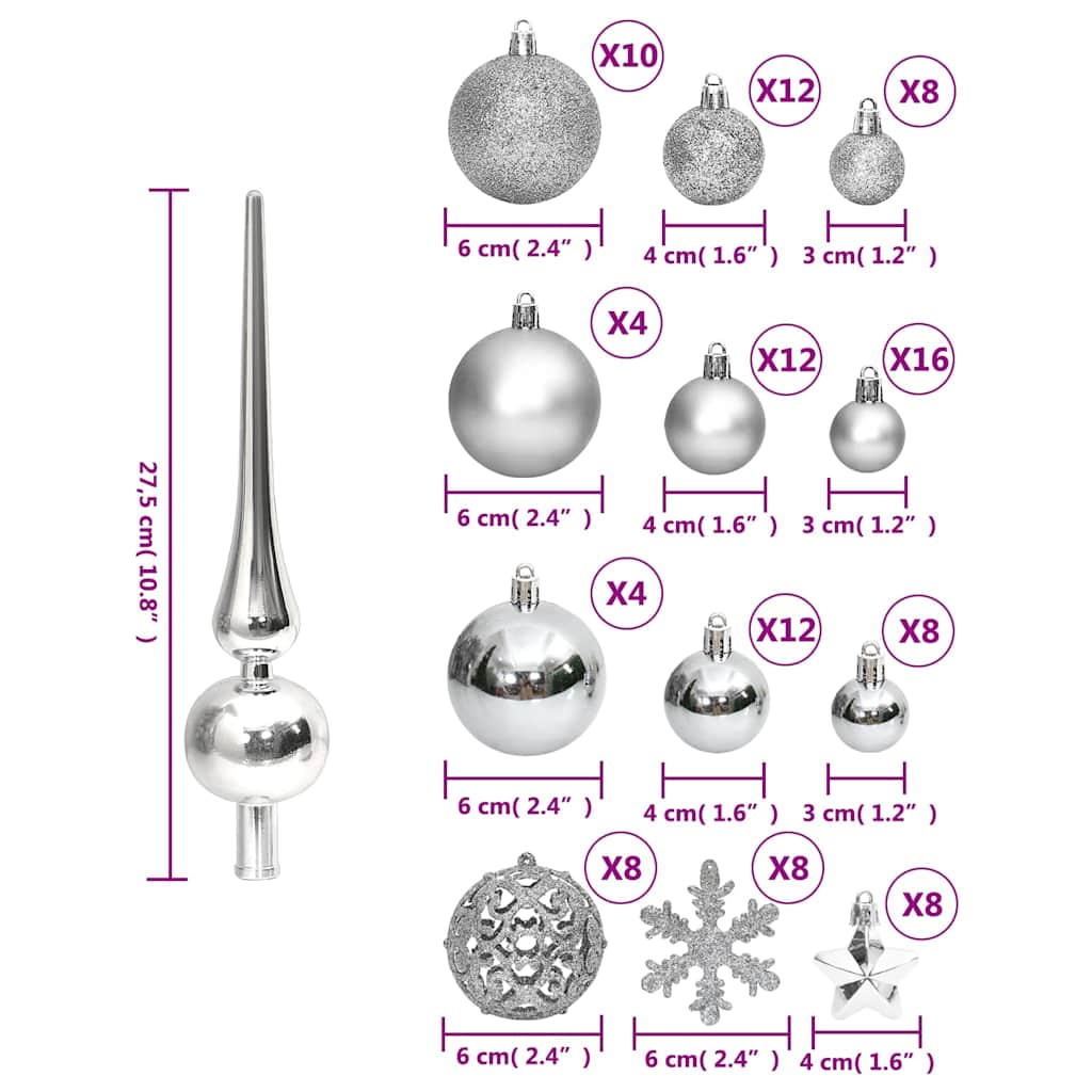 vidaXL 111 Piece Christmas Bauble Set Silver Polystyrene